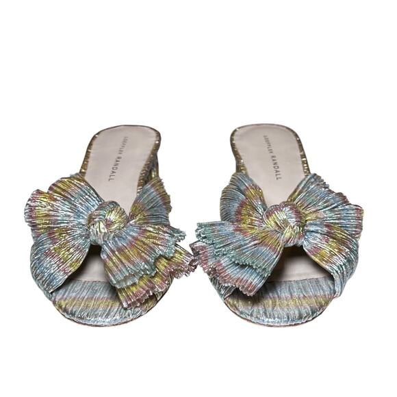 Loeffler Randall Emilia Metallic Pleated Bow Slides Mules Heels Sandals Size 8.5 - Picture 3 of 8